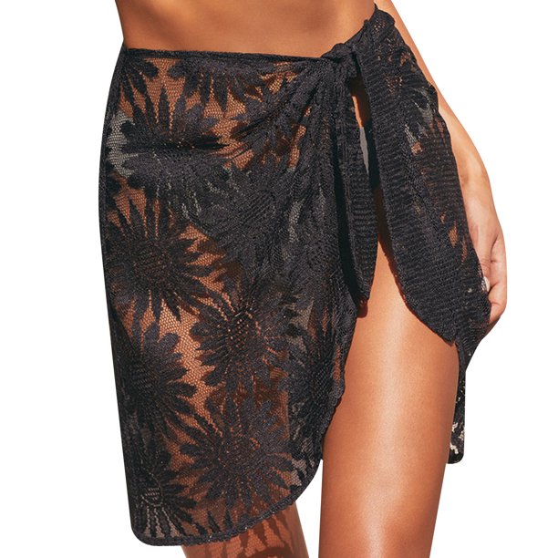 Gibobby Plisado Mini Falda De Las Mujeres Sheer Wrap Knot Cover Up Falda sin Bikini Beach Wrap Bikini Shiny Wraps Cover Ups para traje de baño(Negro, S)