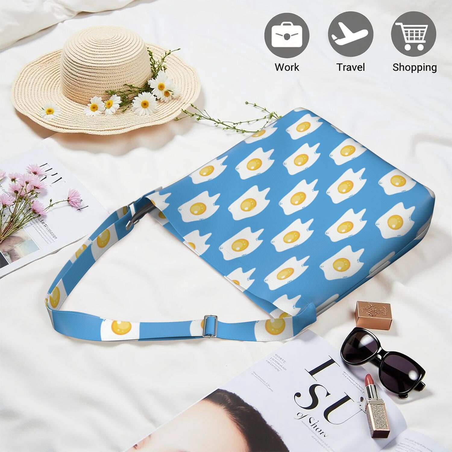 Fried Egg Print Crossbody Shoulder Bag - Lightweight Adjustable Spacious Multi-Pocket Casual Sling Tote for Women, Large Capacity Minimalist Travel & Work Purse