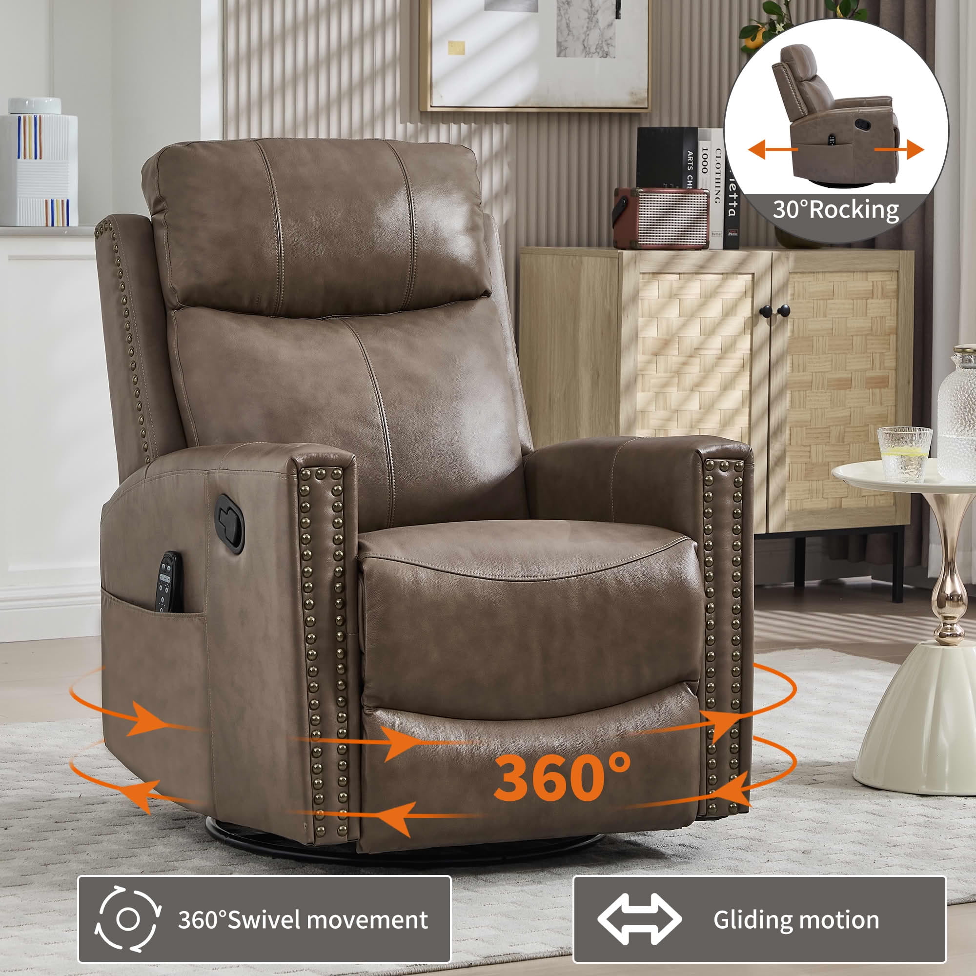 MAYEERTY Camel Brown Genuine Leather Manual Recliner Chair 360° Swivel Rocker 155° Recline with 8-Point Massage Heat for Living Room