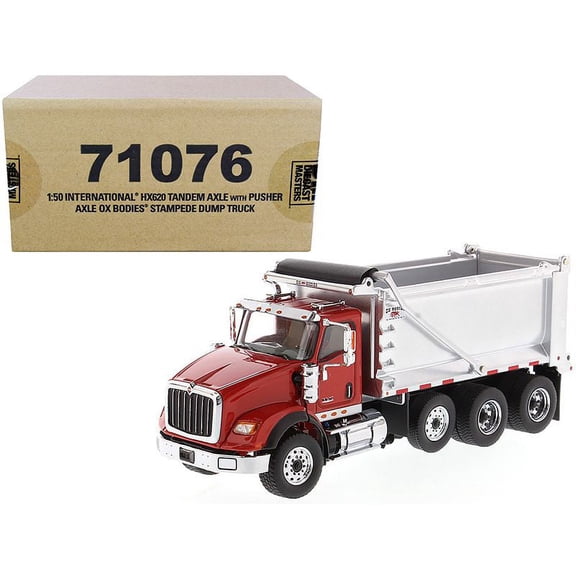 International HX620 Tandem Axle with Pusher Axle OX Stampede Dump Truck Red and Chrome "Transport Series" 1/50 Diecast Model by Diecast Masters