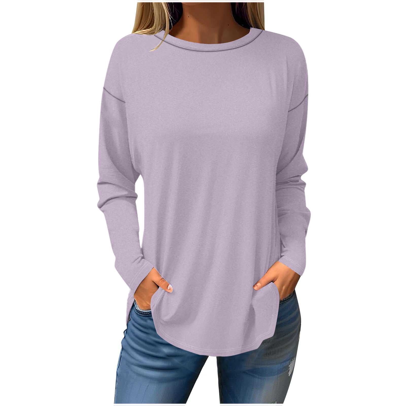 Timegard Plus Size Tops for Women Round Neck Long Sleeve Solid Color Comfy Tee Fall Casual Loose Tops