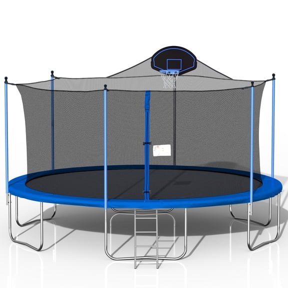 Leumius 16FT Trampoline for Kids and Adults,Heavy Duty Outdoor Trampolines with Basketball Hoop,Round Trampoline w/Ladder and Safety Enclosure Net,Blue
