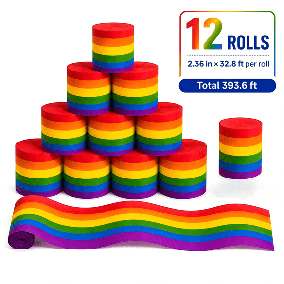 Crepe Paper Streamers,12 Rolls 2.36inch Rainbow Crepe Paper Streamers for Party, Wedding,Pride Day Gay LGBT,DIY Art Craft Supplies Indoor Decoration Total 394 ft