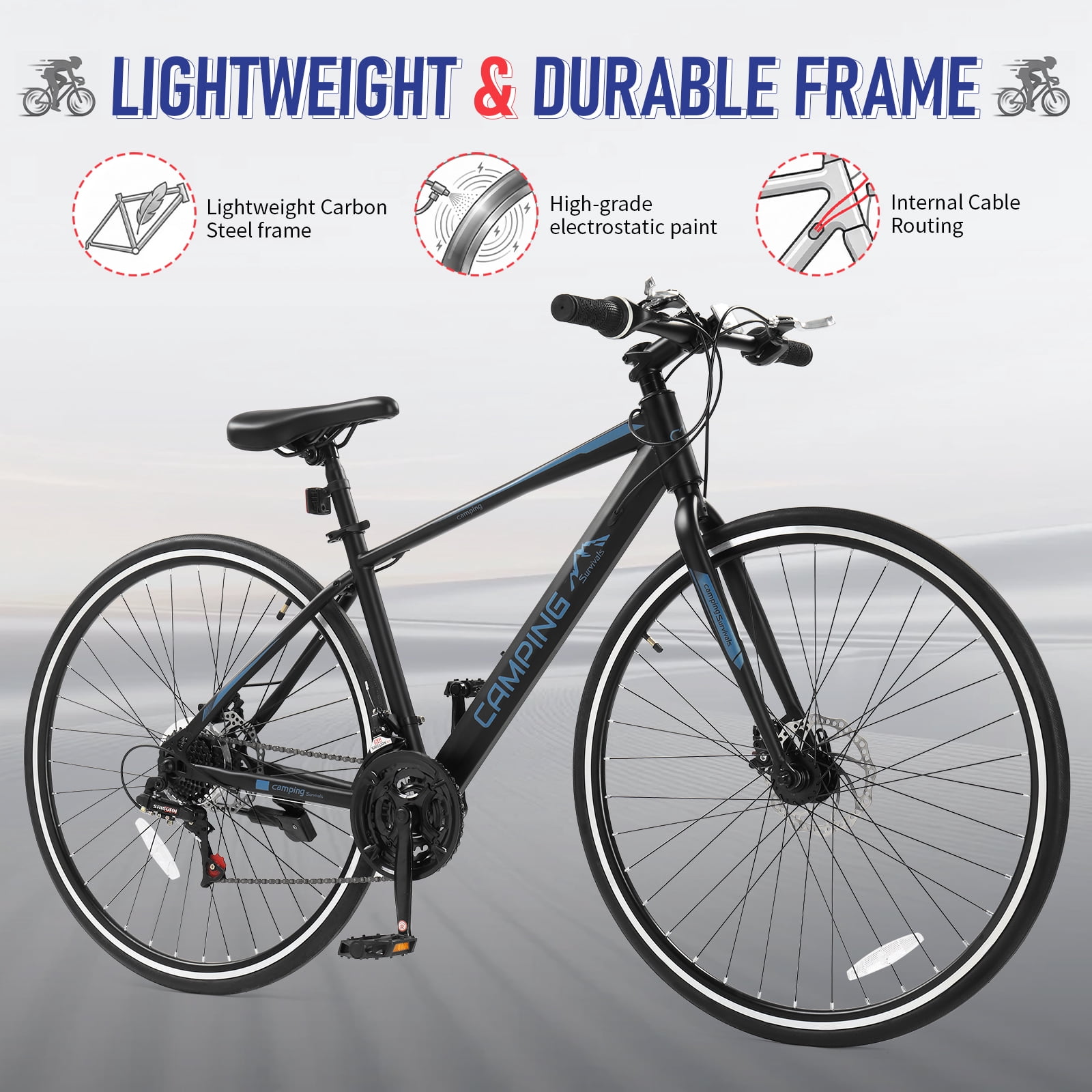 UBesGoo Hybrid Bike for Adult, 700C Road Bike,  21 Speed City Commuter Bicycle, Disc Brakes, Black Blue