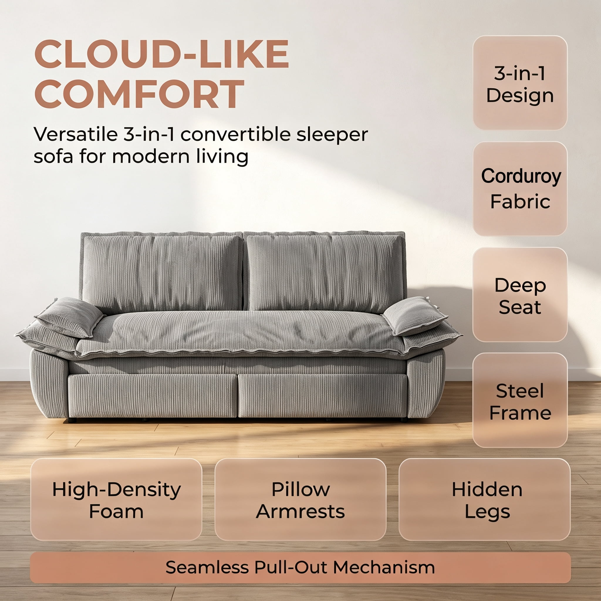 3-in-1 Queen Convertible Sleeper Sofa Bed, 73.2" Corduroy Pull Out Couch with Extra Deep Seat & Pillow Top Armrests, Modern Folding Futon Lounge, Dark Grey