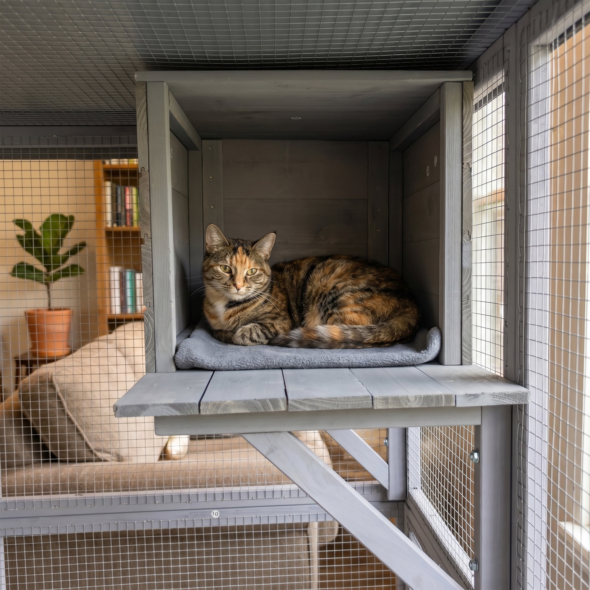 Outdoor Wooden Catio Multi-functional Cat Enclosure, 4 Platforms & 2 Napping Houses, 2 Strong Locks, Rounded Corner, Stepped Design