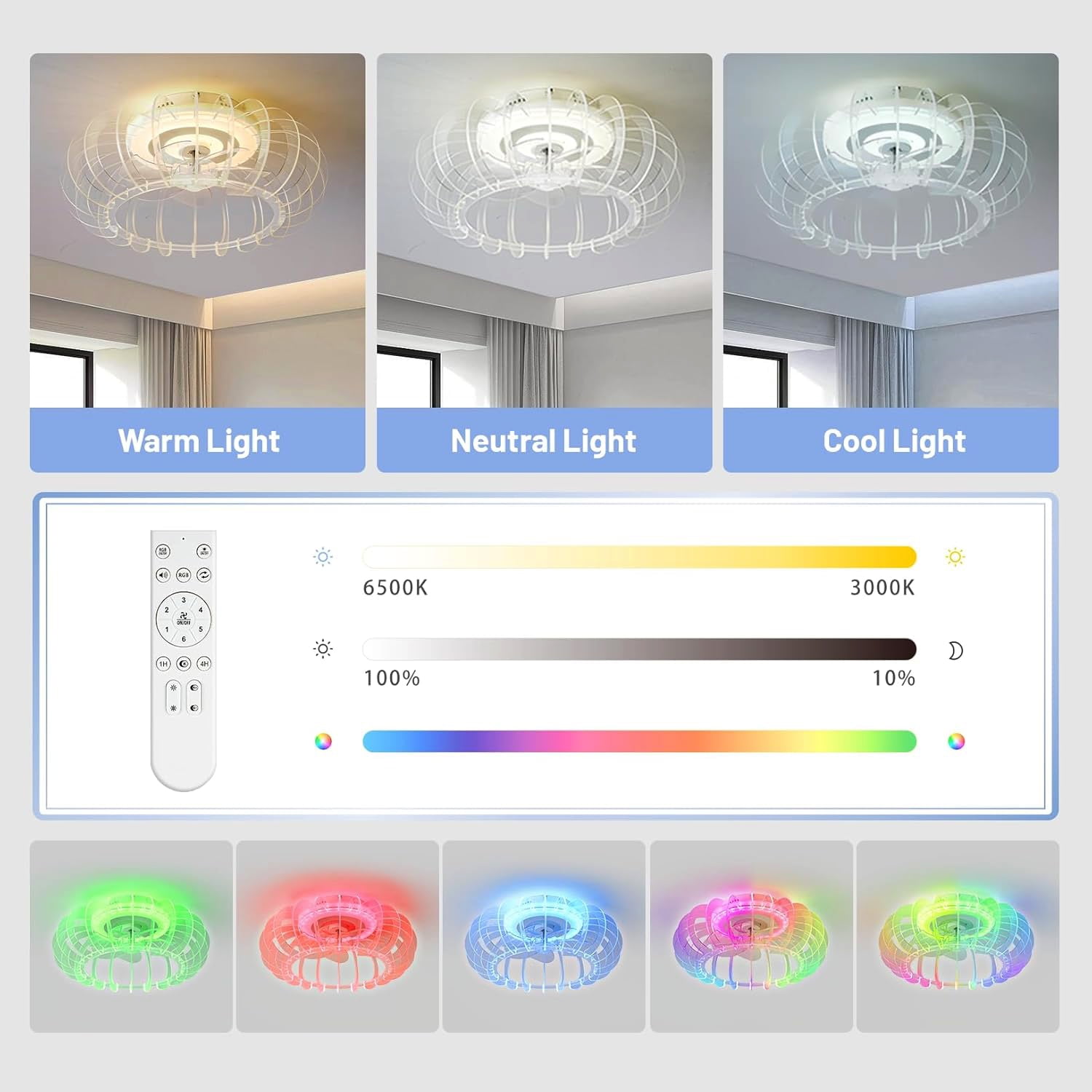 21-inch Low Profile Bladeless Ceiling Fan with Light, Bluetooth Speaker, Remote Control, 6 Wind Speeds, Dimmable LED with RGB Colors, Reversible Quiet Motor for Bedroom, Living Room, Kids Room