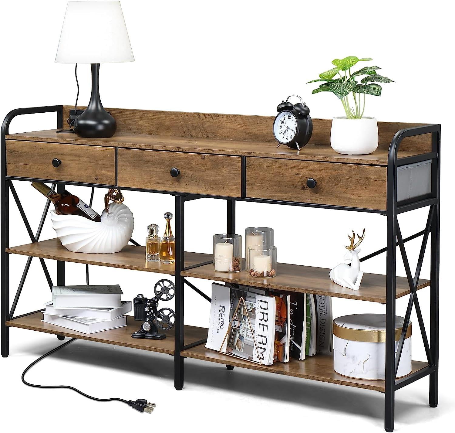 Zimtown Console Table with Power Outlet, 55" Narrow Sofa Table Industrial Entryway Table with USB Ports, Behind Couch Table for Entryway, Hallway, Foyer, Living Room, Bedroom