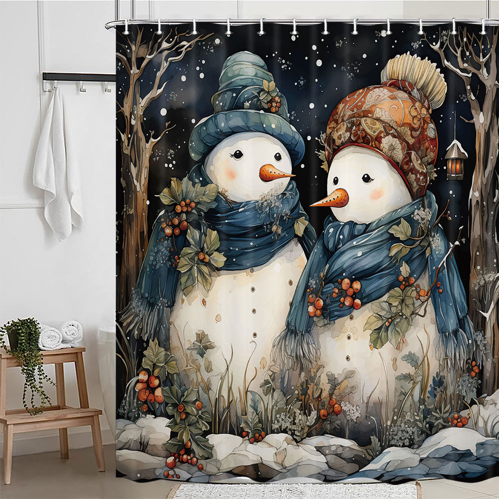 Merry Christmas Fabric Shower Curtain, Winter Snowman Shower Curtain Sets with Hooks, Xmas Snowman in Snowy Forest Waterproof Bathroom Accessories Decor 70X70in