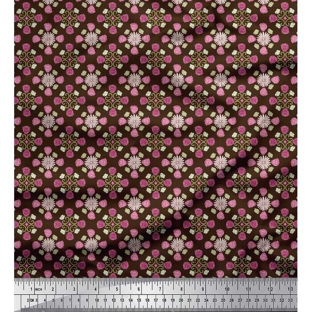 Soimoi Brun Poly Georgette Tissu Aster & Roses Damassé Tissu Imprimé 1 Yard 52 Inch Wide
