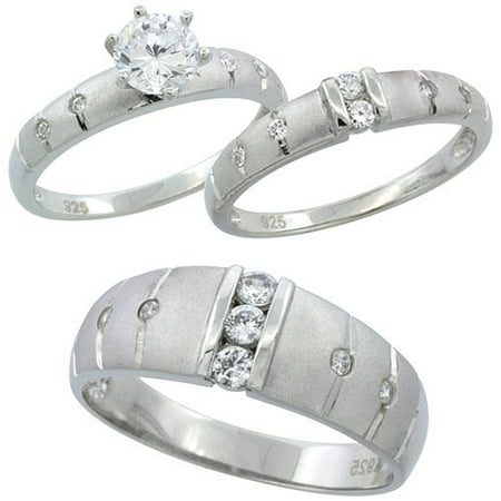 Sterling Silver Cubic Zirconia Trio Engagement Wedding 