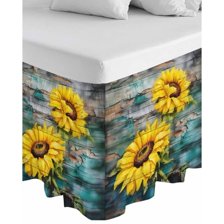 Sunflowers Wrap Around Bed Skirts for King Bed 18" Drop,Bed Skirt with Adjustable Elastic Belt Dust Ruffle Bed Valance for Bedroom Hotel Farmhouse Retro Botanical Floral Wooden Grain Bed Frame Cover
