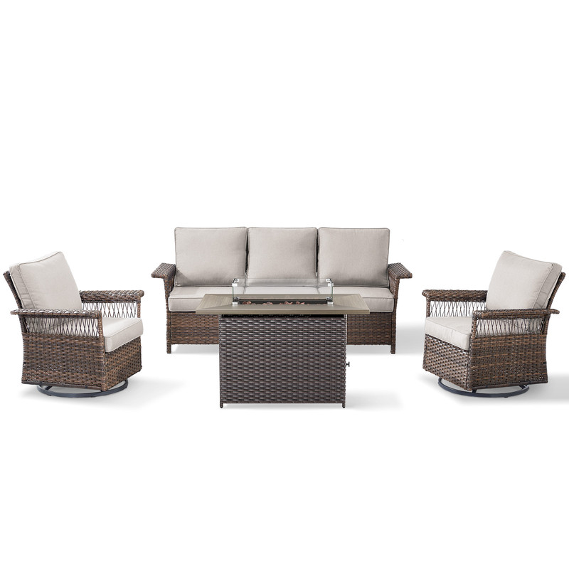 PARKWELL 4 Pieces Patio Furniture Set with Fire Pit Table, Outdoor All-Weather Wicker Conversation Couch Set with Swivel Gliders Chairs, Deep Seating Furniture for Porch Deck, Brown/Beige