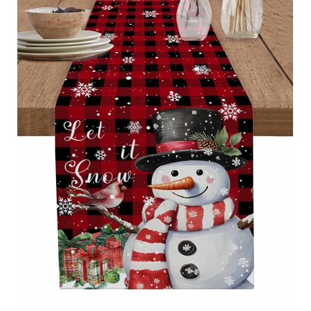 Red Plaid Snowman Christmas Table Runner 72 Inches Winter Snowflake Xmas Gifts Bed Runner Dresser Scarves Tabletop for Indoor Outdoor Parties/Ceremony/Banquet 18 x 72