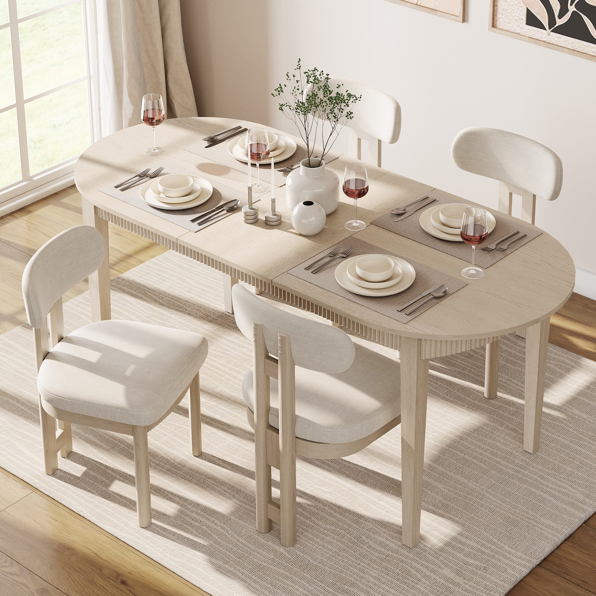 5 Piece Modern Dining Table Set, 73" Solid Wood Oval Dining Table with 4 Polyester Chairs, Dining Set with Fluted Apron for Kitchen & Dining Room