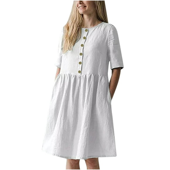 Womens Summer Plain Cotton Linen Dress Short Sleeve Button Crewneck Casual Dress Pleated Loose Flowy Beach Pockets Dress