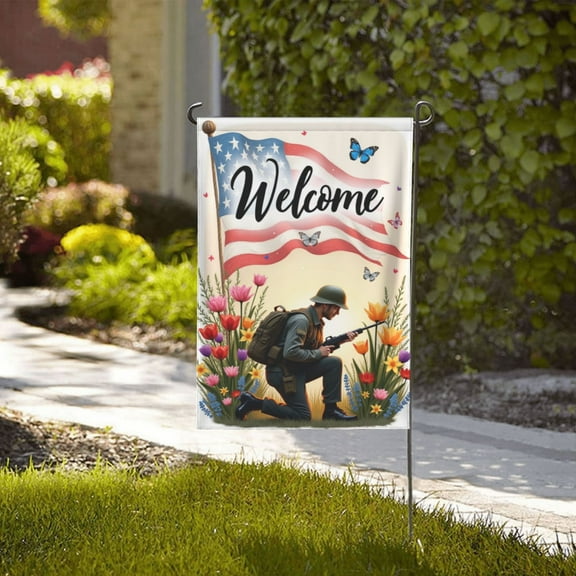 Welcome Home Soldier Garden Flag 12x18 Inch Double Sided Patriotic Floral Spring Summer Outdoor Yard Flag Decoration Home Gifts for Men Women Birthday Gifts Memorial Day