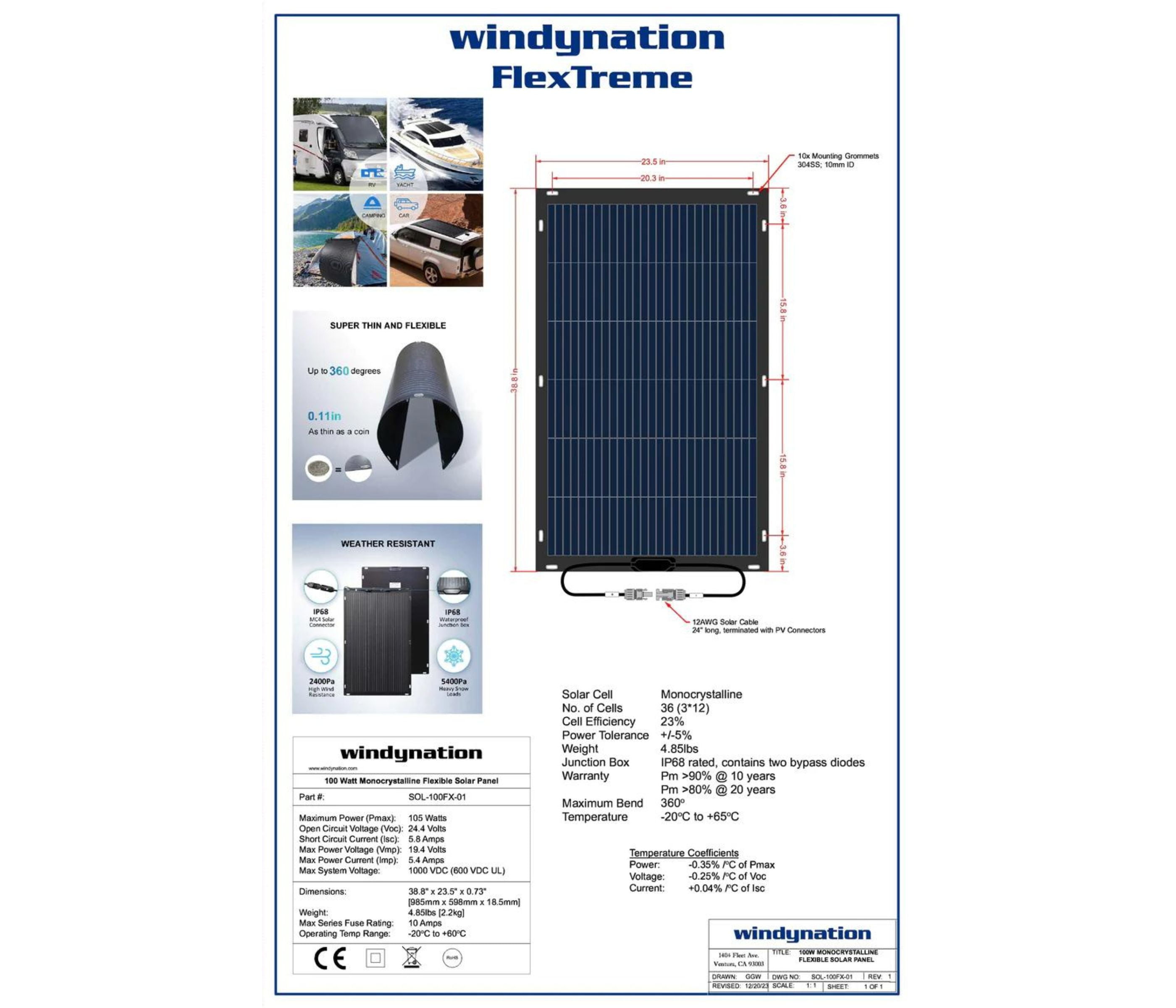 Flextreme 100 Watt 12-Volt Flexible Thin Lightweight Monocrystalline ETFE Solar Panel - Bends 360 Degrees