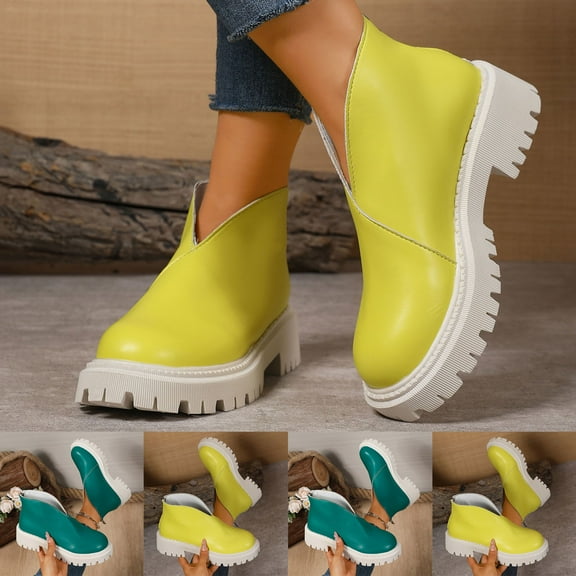 Miluxas Women's Ankle Boots Chunky Low Heel Fashion Round Toe Pure Color Casual Leather Booties Yellow 9.5(43)