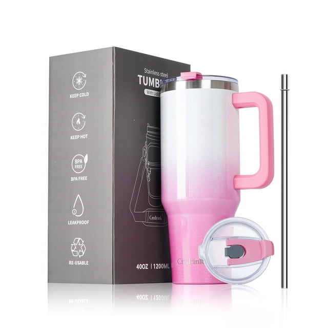 Credrink Vaso Térmico de Acero Inoxidable de 40oz con Aislamiento al Vacío de Triple Capa, con Pajita, Asa y Correa para el Hombro - Degradado Blanco Rosa, A Prueba de Fugas, Libre de BPA