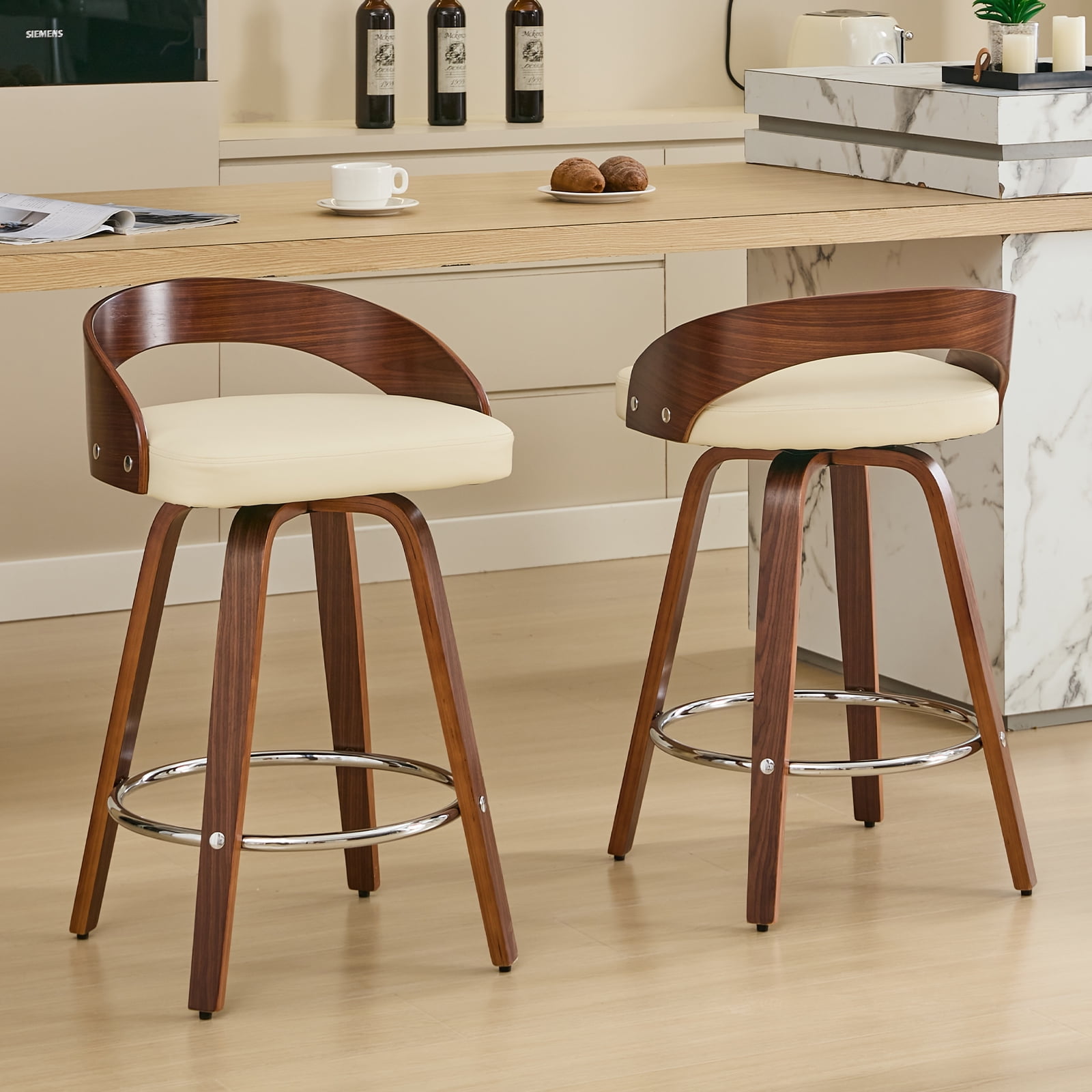 25" Counter Height Bar Stools Set of 4, Wood & PU Leather Counter Stools, Modern Swivel Bar Stools for Kitchen Counter Island, Barstool Chairs, Sillas Para Barra de Cocina (Beige, 4 Pcs)