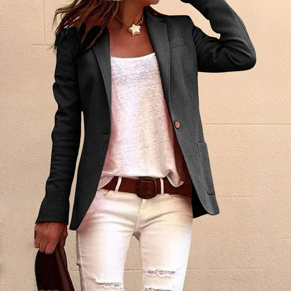 YOUSNH Women's Solid Color Lapel Single Suit Coat Long Sleeve Open Cardigan Outwear Business Jacket Womens Coats Black L