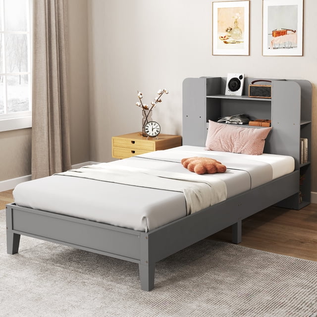 Gymax Twin Size Bed Frame Wooden Platform Bed Kids Bed Frame w/ Bookcase Headboard Gray