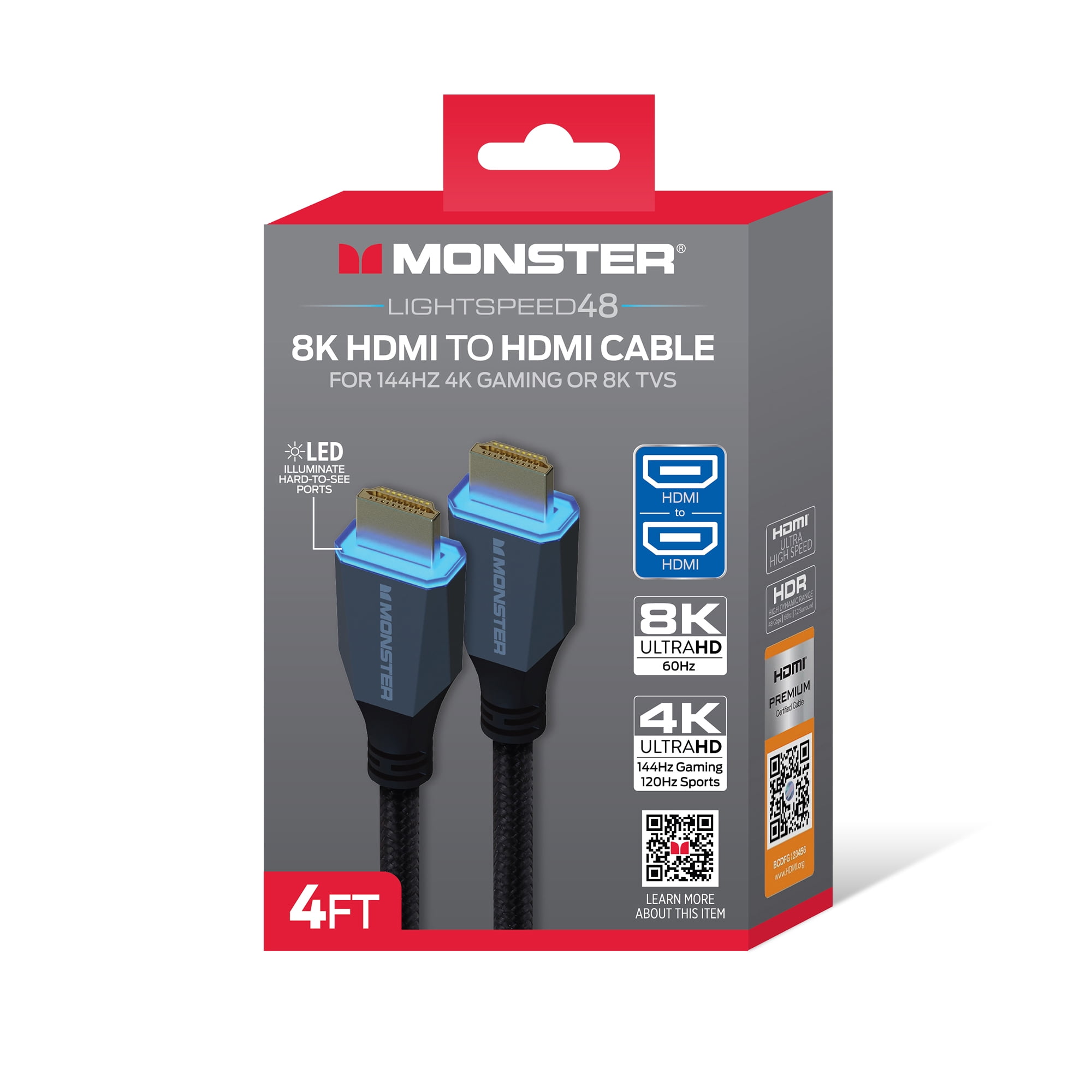 Monster 8K HDMI Cable 4ft, Ultra High Speed HDMI 2.1 Cord with LED