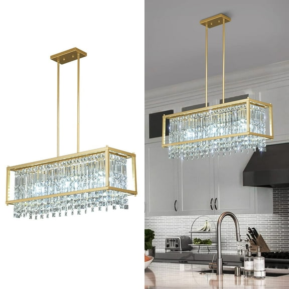 ZHLWIN 3-Light Dining Room Light Fixture, 25.98 inch Square Lndustrial Farmhouse Chandelier Gold Metal Crystal Pendant Light for Kitchen Island Dining Room Living Room Flat and Inclined Ceiling