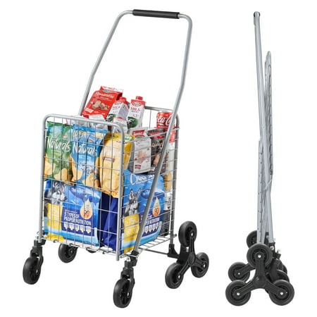 KFFKFF Supermarket Trolley, 45L Stair Ascending Trolley with 360° Rotating Casters, Tri-Wheeled Stair Navigating Utility Trolley, Compact Folding & Lightweight for Laundry and Travel, Silver