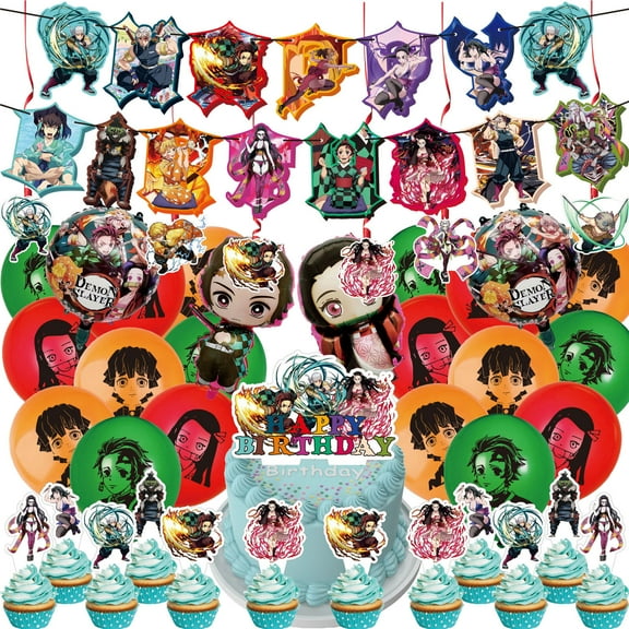 42 Pcs For Demon Slayer Theme Birthday Party Decoration Set - Includes Happy Birthday Banner, Cake Topper, 12 Cupcake Toppers, 6 Spiral Ornament, 4 Foil Balloons, and 18 Balloons for Celebrations