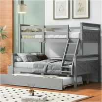 JERFIT Twin over Full Bunk Bed with Trundle, Gray Wood Triple Sleeper with Guardrails & Ladder, Space Saving Bed Frame