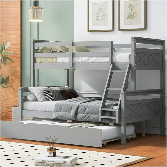 JERFIT Twin over Full Bunk Bed with Trundle, Gray Wood Triple Sleeper with Guardrails & Ladder, Space Saving Bed Frame
