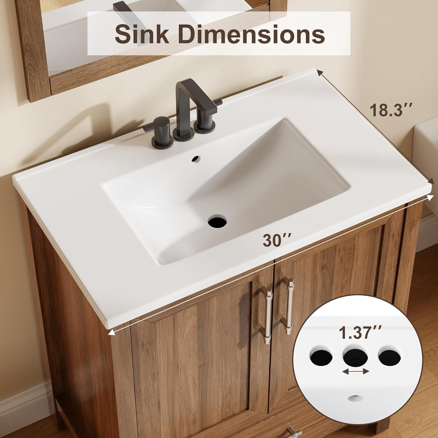 30" Bathroom Vanity with Sink, Freestanding Wooden Bathroom Vanity Cabinet with Soft-Closing Door and Metal Handle, Modern Floor Standing Storage for Small Spaces，Walnut