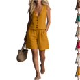thumbnail image 2 of Women's Linen 2 Piece Outfit, Sleeveless V-Neck Button Vest Top & Elastic Waist Shorts Set with Pockets, Casual Summer Loungewear, Loose Fit,Yellow,S, 2 of 8