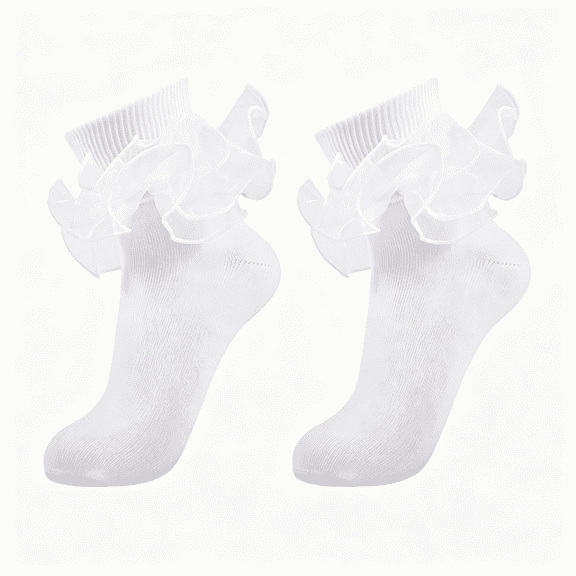 OQRKI Women Big Ruffle Ankle Socks Adult Double Lace Frilly Turn Cuff Dress Socks Cotton Cute Fancy Bobby Crew Socks Fresh White Ruffle Socks