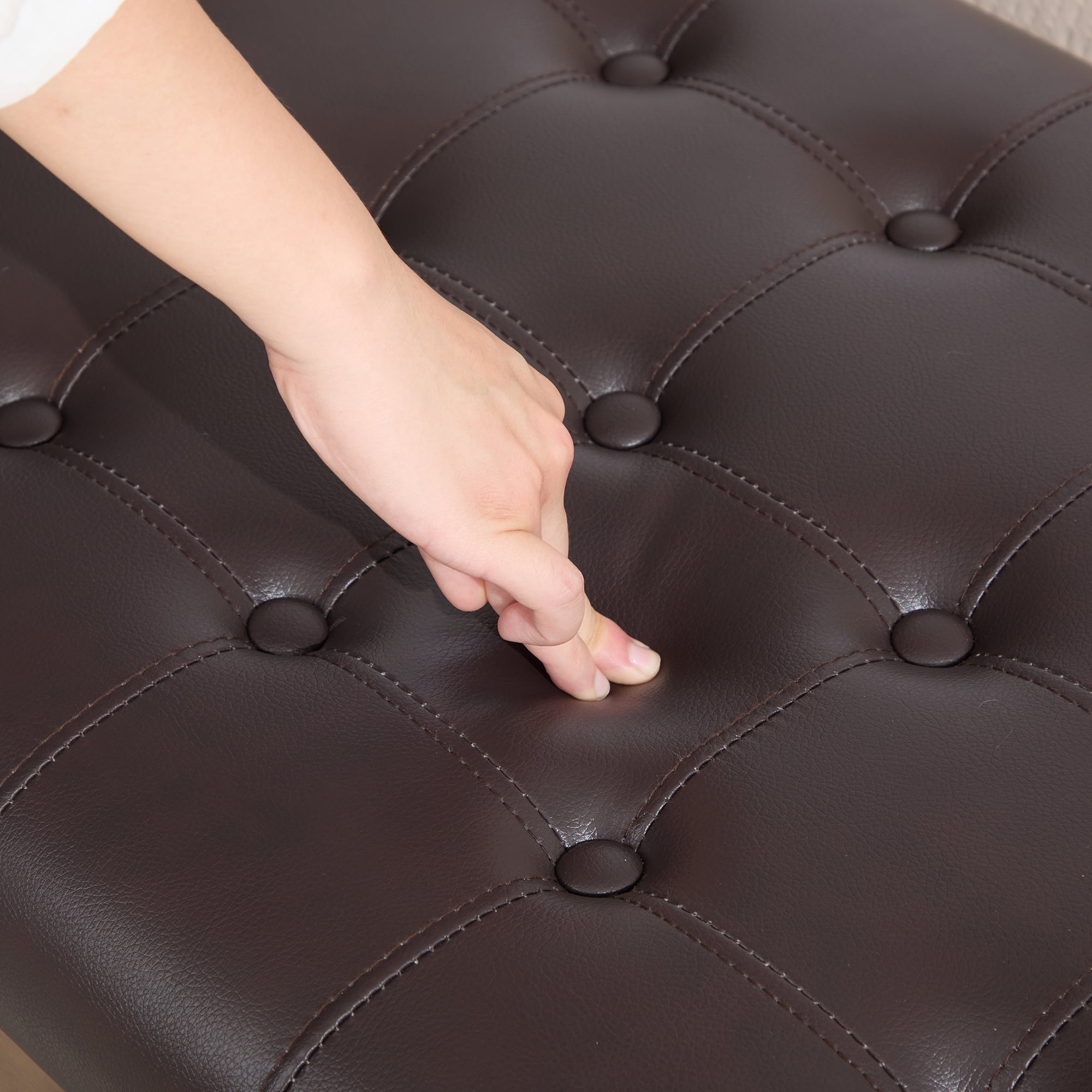 Aukfa 66" Upholstered Faux Leather Bedroom Bench with Button Tufted Design and Bolster Pillow,Solid Rubberwood,Coffee