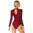 thumbnail image 3 of YONGHS Women's Rhinestone Ballet Dance Leotard Mesh Splice Long Sleeve Gymnastics Bodysuit Tops Burgundy M, 3 of 7