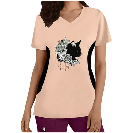 

Womens Summer Short Sleeve Scrub Tops Fashion Printed V Neck Blouse Basic Regular Fit Lightweight Tunic Pullover Shirts