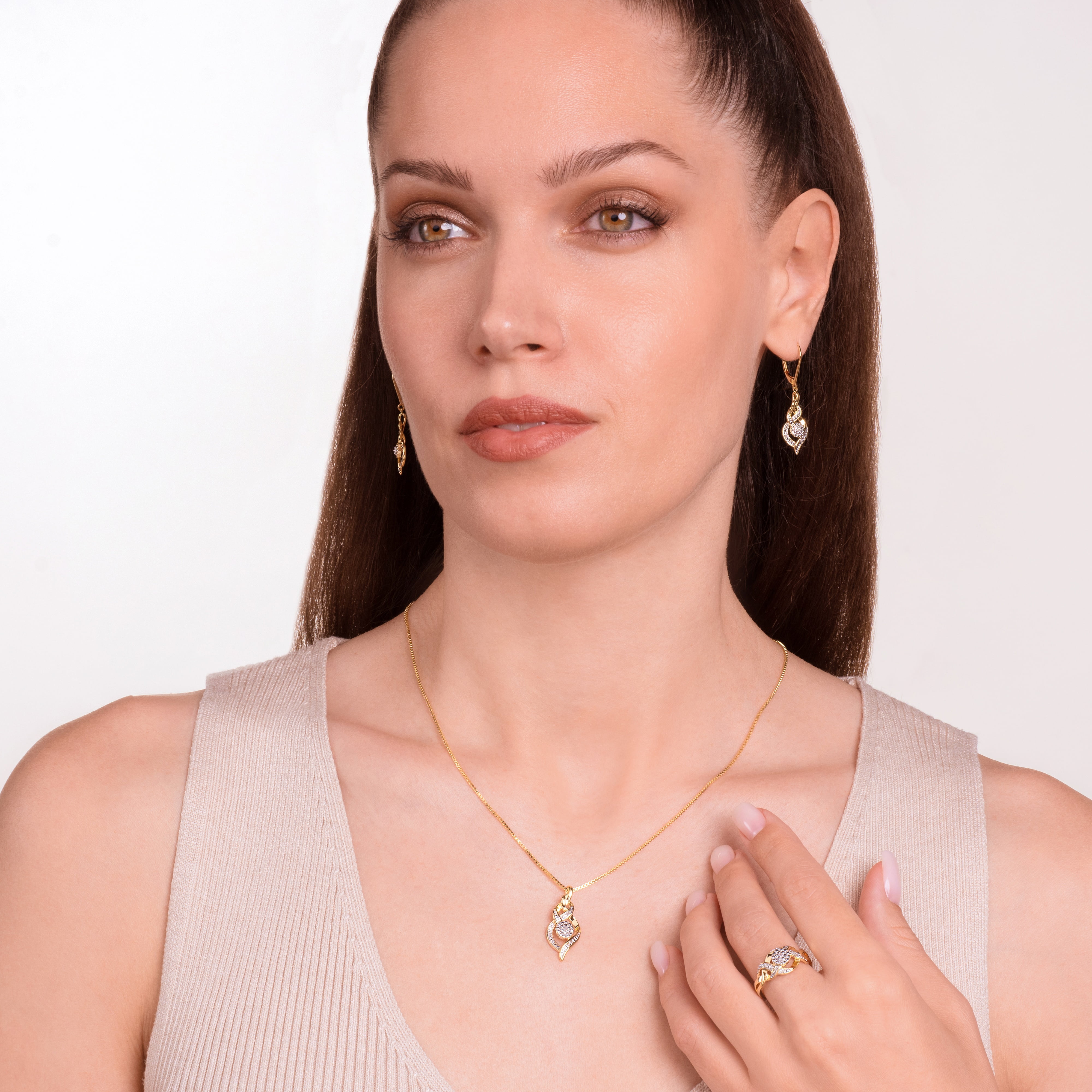 Forever Facets Diamond Accent 3-Piece Waterfall Pendant and Ring Set in 18k Yellow Gold over Bronze, Adult Female