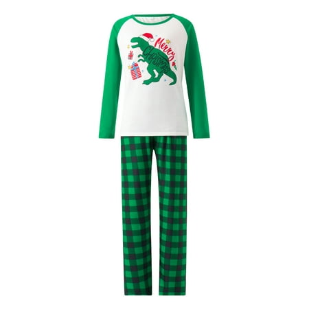 

Gureui Christmas Matching Family Parent-child Pajamas Set Cartoon Dinosaur Print Long-Sleeved Round Neck Tops + Elastic Waist Plaid Pattern Trousers/Romper