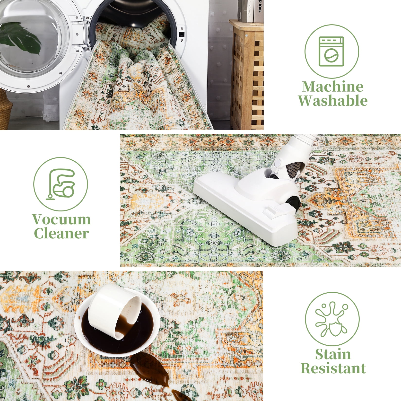 Hasoo Large 9' x 12' Vintage Area Rug for Living Room Bedroom Washable Floral Carpet, Green
