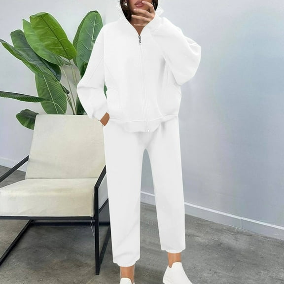 BVOFAR Women's Tracksuits Two Piece Long Sleeve Zip up Lapel Sweatshirts and Sweatpants Solid Color Casual Sweatsuits with Pockets