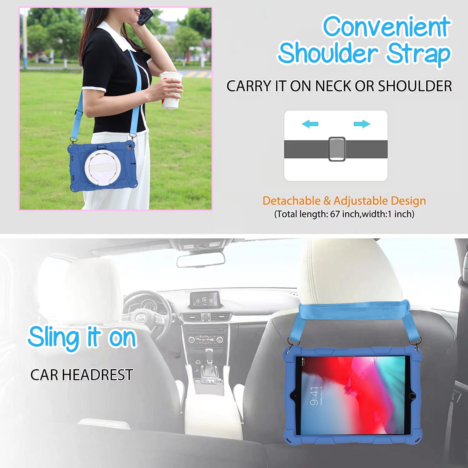 For iPad 6th 5th Generation Case, Soft Silicone Drop Protection Rotating Kickstand with Shoulder Strap Pencil Holder Kids Friendly Lightweight Case for iPad Air 1 2/ iPad 9.7" 2018/2017, Darkblue