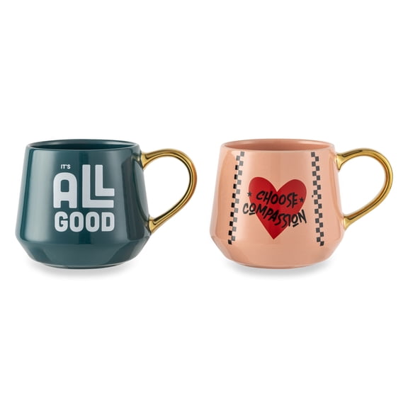 Thyme & Table 2 Pack It's All Good and Choose Compassion Pink with Gold Handles Mugs 16.2 fl oz, Stoneware