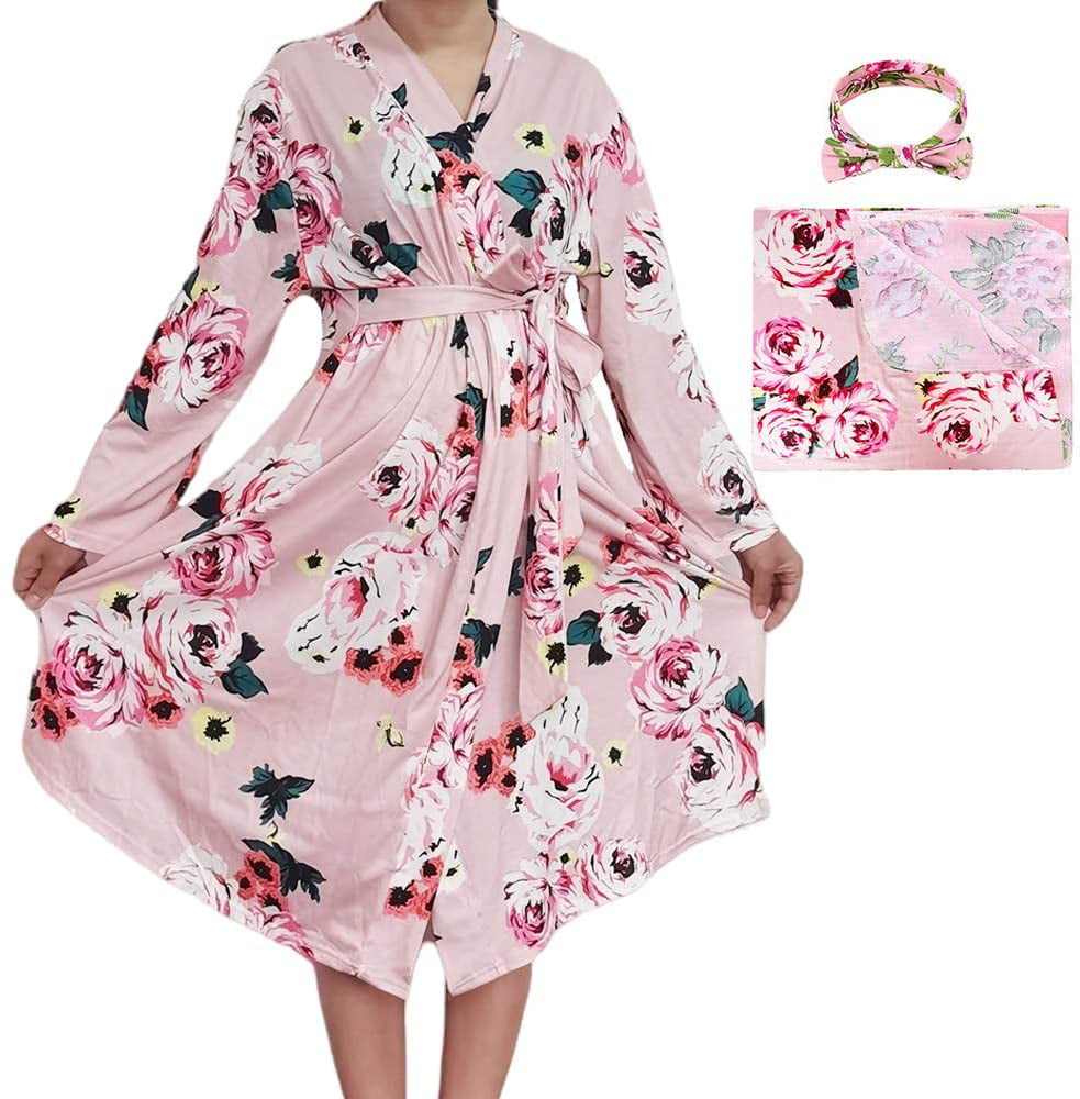 Mommy Robe with Receiving Blanket Girls Boys Maternity Labor Dress Maternity Robe and Matching Baby Swaddle Blanket Set 