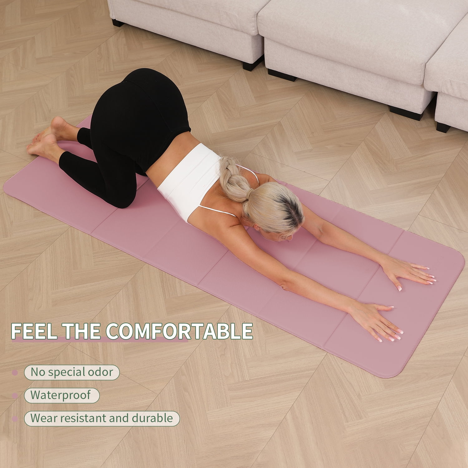 Frach Foldable Yoga Mat Pilates Exercise MatEco TPE 0.4 Inch Thick for Workouts Travel and Home,Quick Fold Stable Grip 75"x26"(Pink+Silver)