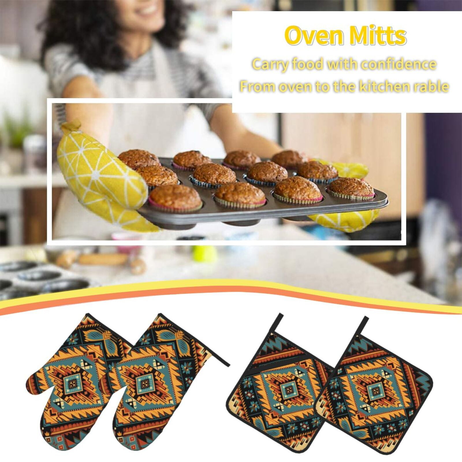 Southwest Tribal Indian Geometric 4Pcs Oven Mitts and Pot Holders Sets Oven Kitchen Gloves Hot Pads for Cooking BBQ Baking Grilling