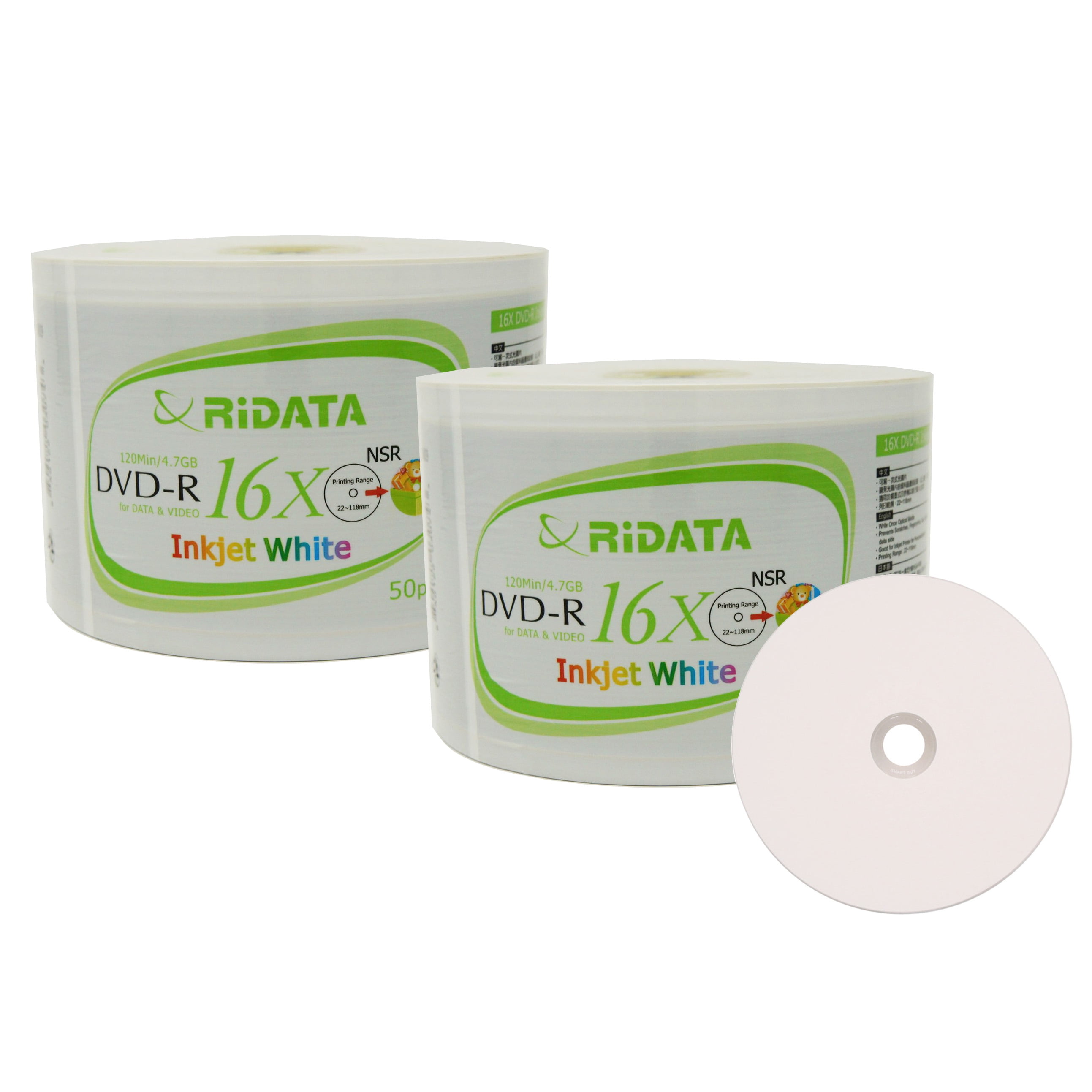 Buy 100 Pack Ridata DVDR 16X 4.7GB 120 Min White Inkjet Hub Printable