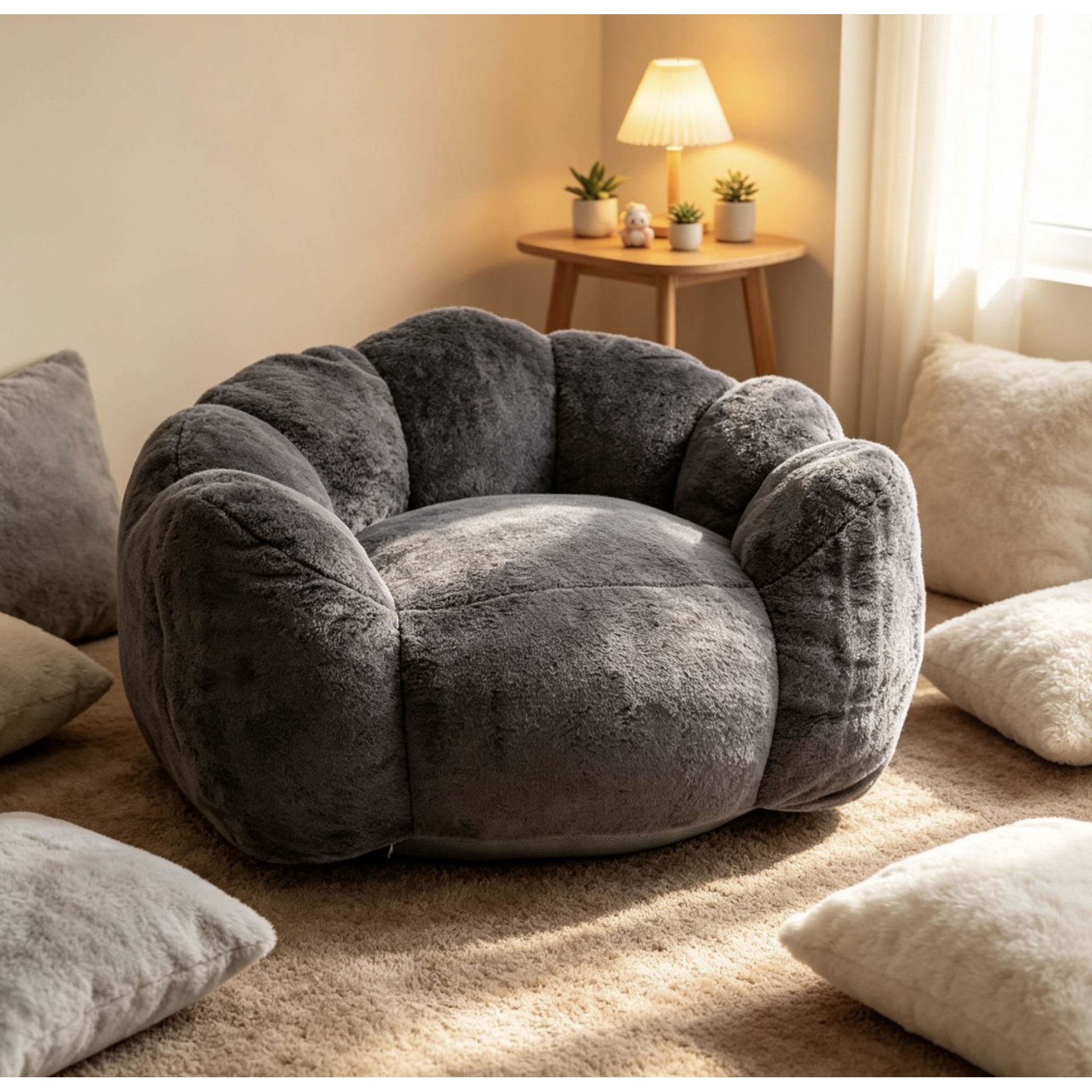 Leumius Large Lazy Sofa Chair, Comfortable Velvet Fabric Large Petal Sofa for Bedroom, Living Room and Gaming Grey